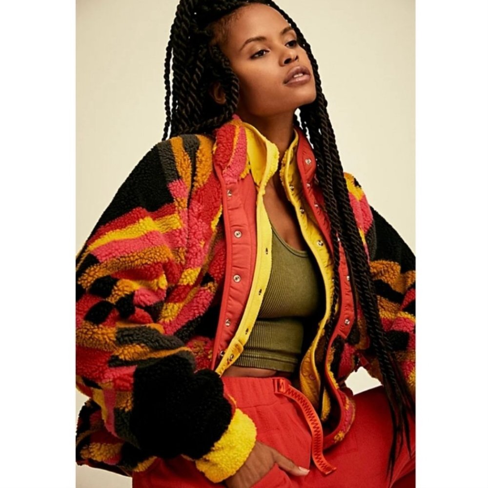 NWOT Free People Hit The Slopes Printed Fleece Jacket in Sunset Plaid